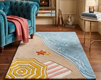 Hand Tufted New Zealand Wool Coastal Rug, Ocean Wave Sun Design (8x10)