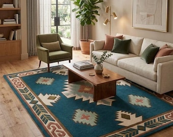 Hand Tufted New Zealand Wool Southwestern Geometric Rug, Teal Rust Cream, 8x10 Living Room Decor