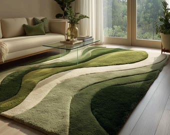 Hand Tufted New Zealand Wool Rug, Green Abstract Waves, Modern Living Room Decor