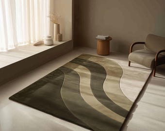 Hand Tufted New Zealand Wool Rug, Olive Green Abstract Waves, Modern Living Room Decor