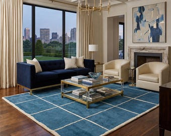 Hand Tufted Blue Grid Rug, Modern Geometric Carpet, Wool Living Room Decor