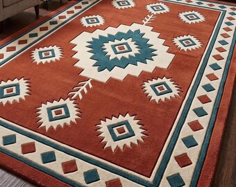 New Zealand Wool Rug, Southwestern Geometric Area Rug, Rust Terracotta Teal Cream Carpet, Tribal 8x10 Living Room Decor