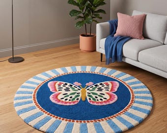 Hand Tufted New Zealand Wool Butterfly Rug, 6 Ft Round, Blue Pink Floral Carpet