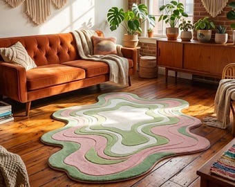 Hand Tufted New Zealand Wool Rug, Organic Wave Design, Sage Blush Pink (8x10)