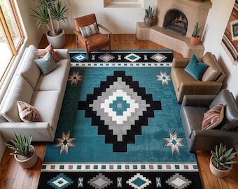 Hand Tufted New Zealand Wool Geometric Medallion Turquoise Black Rug (8x10)