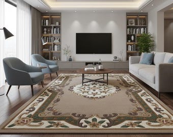 Hand Tufted Wool Area Rug, Beige Cream Floral, Vintage Style