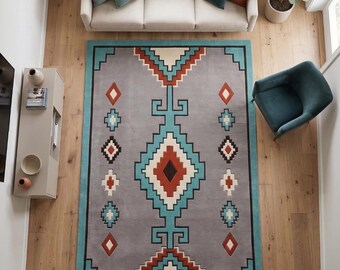 Hand Tufted New Zealand Wool Rug, Southwestern Geometric Area Rug, Teal Rust Gray Carpet, Tribal 8x10 Living Room Decor