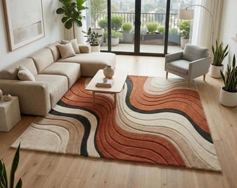 Hand Tufted New Zealand Wool Rug, Abstract Wave Pattern, Rust Terracotta Cream (8x10)