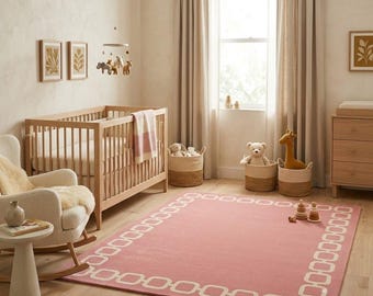 Hand Tufted New Zealand Wool Area Rug, Blush Pink Geometric Border (8x10)