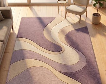 Hand Tufted New Zealand Wool Area Rug, Lavender Cream Abstract Wave Design (8x10)