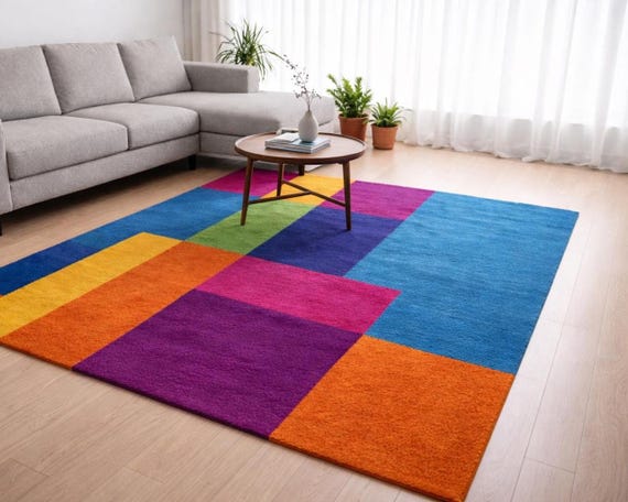 Modern Geometric Colorful Area Rug | Multicolor Abstract Carpet for Living Room |