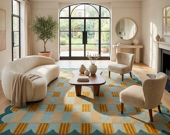 Hand Tufted New Zealand Wool Area Rug, Blue Mustard Scalloped Checkerboard (8x10)