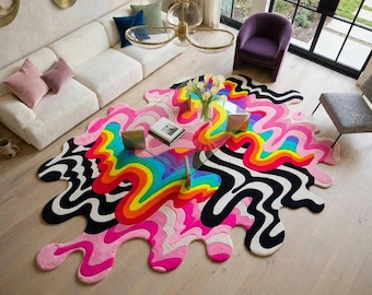 Colorful Abstract Wavy Area Rug, Modern Art Carpet, Maximalist Living Room Decor