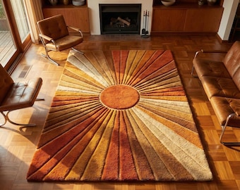 Handmade Wool Sunburst Area Rug, Mid-Century Modern Geometric Design, Rust Orange Yellow Carpet