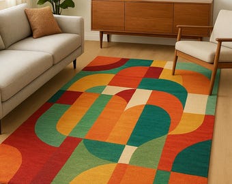 Modern Colorful Geometric Area Rug | Mid-Century Abstract Carpet | hand- tufted- rug