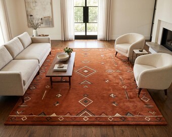Hand Tufted New Zealand Wool Rug, Terracotta Geometric Area Rug (8x10)