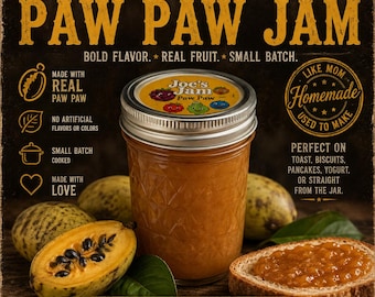 Joe's Paw Paw Jam: Small Batch, Real Fruit, Organic (8oz Jar) Only 4 Ingredients used Pawpaw, sugar, fruit pectin, and lemon juice