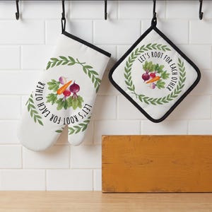 Låt oss heja på varandra ugnsvantar grytlappar set, kökshandskar för grönsaker, trädgårdsmästare present, köksdekor för växtälskare