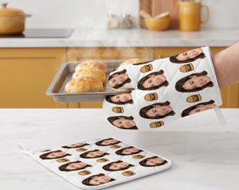 Benutzerdefinierte Gesicht Ofenhandschuh & Topflappen Set, personalisierte Foto Küche Geschenk für Mama, lustiges benutzerdefiniertes Gesicht Back Ofen Handschuh, einzigartiges Küche Dekor Geschenk