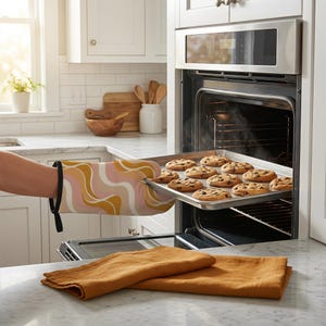 Peut inclure: Un gant de cuisine avec un motif ondulé dans des tons jaune moutarde, rose pâle et blanc. Le gant est utilisé pour tenir une plaque de cuisson en métal contenant douze biscuits aux pépites de chocolat, retirée d'un four encastré.