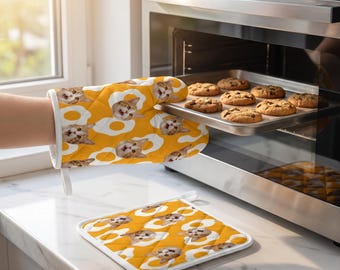 Personalized Cat Face Oven Mitt & Pot Holder Set,Custom Pet Photo Kitchen Oven Glove Pot Holder,Funny Cat Lover Housewarming Gift for Bakers