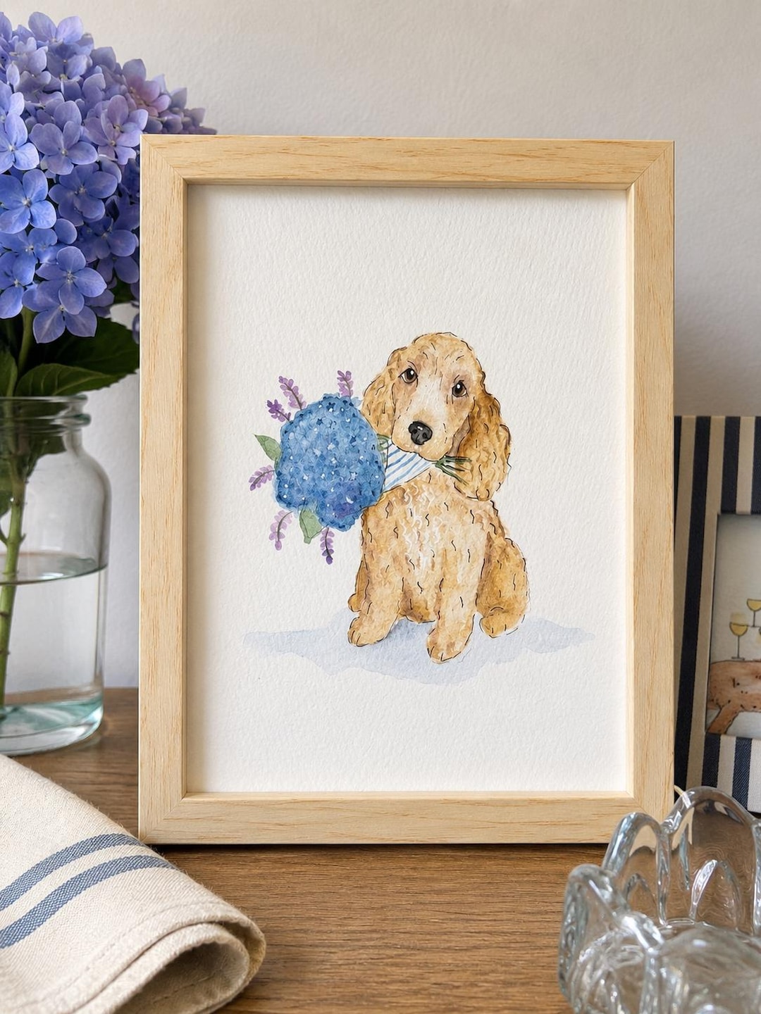 Custom Hand-painted Pet Watercolor Portrait With Bouquet | Dog Cat Art ...