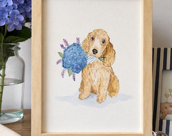 Custom Hand-Painted Pet Watercolor Portrait with Bouquet | Dog Cat Art