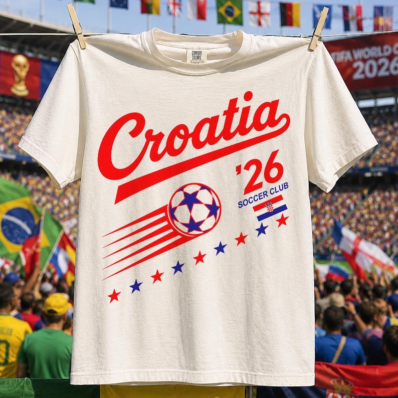 May include: An off-white short-sleeve t-shirt featuring the red text Croatia, the number 26, and the text Soccer Club. A graphic of a soccer ball with blue stars and red motion lines is displayed above a row of alternating red and blue stars.