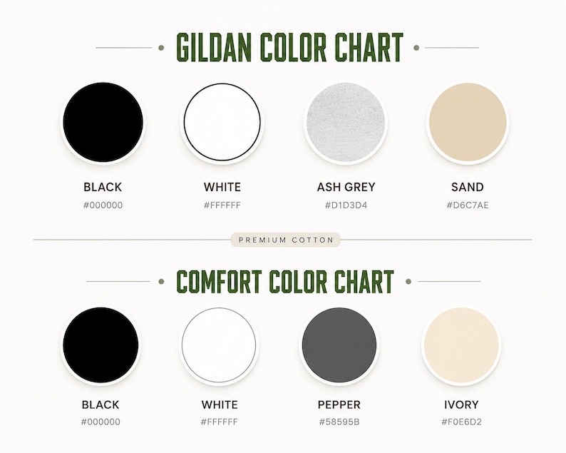 May include: A color chart displaying two sections: Gildan Color Chart and Comfort Color Chart. The Gildan section shows circles for Black, White, Ash Grey, and Sand. The Comfort section shows circles for Black, White, Pepper, and Ivory with hex codes.