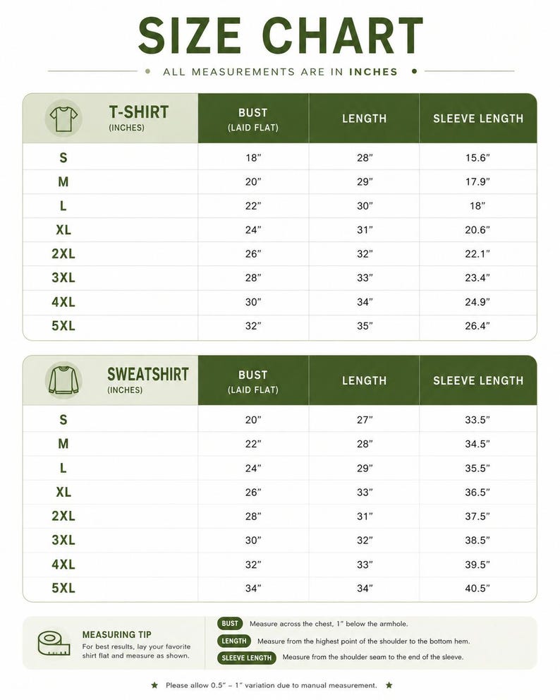 May include: A size chart for t-shirts and sweatshirts with columns for bust, length, and sleeve length in inches. It lists sizes from S to 5XL with specific measurements for each. Includes a measuring tip graphic and instructions for measuring.