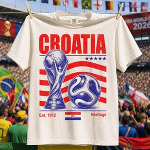 May include: An off-white short-sleeve t-shirt featuring a red and blue graphic print. The design includes the text CROATIA, a soccer trophy, a soccer ball, five blue stars, red horizontal stripes, the text Est. 1912 Heritage, and a Croatian flag.