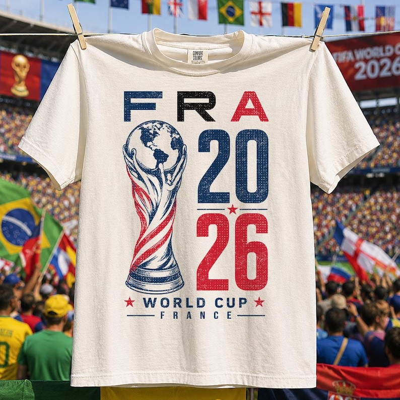 Op de afbeelding: Een cr&egrave;mekleurig t-shirt met korte mouwen en een grafische print met de tekst FRA 20 26 en WORLD CUP FRANCE. Het ontwerp bevat een gestileerde trofee-illustratie in blauw en rood, geaccentueerd met sterren, gecentreerd op de voorkant.