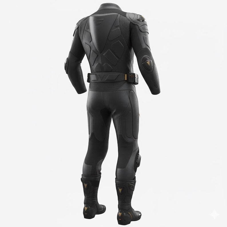 May include: Black motorcycle racing suit with protective padding on the shoulders, elbows, knees, and boots. The suit has a belt with a gold buckle and gold accents on the boots. The suit is designed for safety and performance.