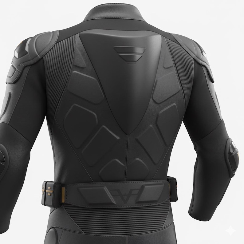May include: Black motorcycle racing suit with reinforced shoulder and back protection. The suit features a padded design with a belt and a logo on the back. The suit is designed for safety and performance.
