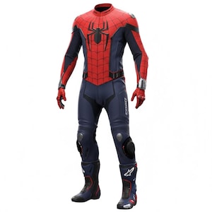 May include: A red and blue Spider-Man motorcycle suit. The suit has a red torso with a black spider emblem, red gloves, and blue trousers with knee pads. The boots are blue and red with white accents.
