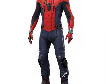 Spider-Inspired Motorcycle Racing Suit – Red & Blue One-Piece Leather Biker Outfit | Custom Superhero Cosplay Racing Gear