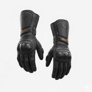 May include: Pair of black leather motorcycle gloves with gold accents and a Batman logo on the gauntlet. The gloves have padded knuckles and wrist straps for protection. The gloves are designed for motorcycle riding.