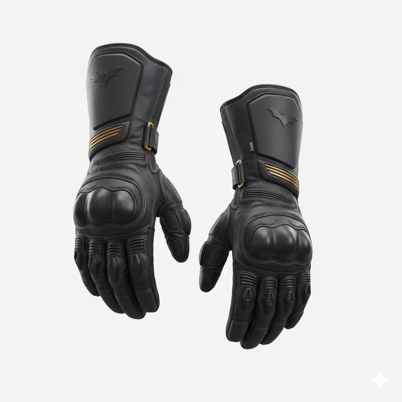 May include: Pair of black leather motorcycle gloves with gold accents and a Batman logo on the gauntlet. The gloves have padded knuckles and wrist straps for protection. The gloves are designed for motorcycle riding.