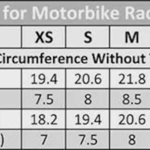 May include: Size chart for motorbike racing gloves. Includes international sizes XS to 4XL. Measurements are provided in inches and centimeters for men's and women's hand circumference without the thumb.