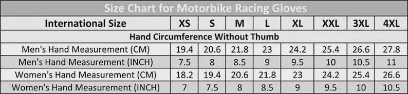 May include: Size chart for motorbike racing gloves. Includes international sizes XS to 4XL. Measurements are provided in inches and centimeters for men's and women's hand circumference without the thumb.