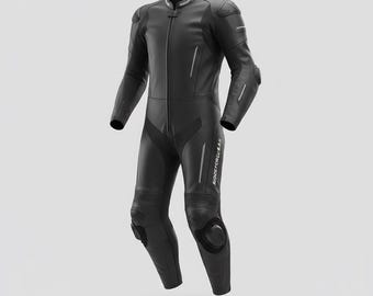 Minimalist Black Motorcycle Racing Suit – One-Piece Leather Biker Suit with Armor – Track & Street Gear