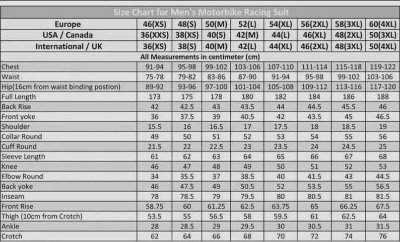 May include: A size chart for men's motorbike racing suits, detailing measurements in centimeters. Includes chest, waist, hip, full length, and other dimensions, with sizes ranging from XS to 4XL for Europe, USA/Canada, and International/UK.