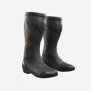 May include: Pair of black motorcycle boots featuring a Batman logo on the upper shaft. The boots have gold accent stripes and a textured design. The boots are knee-high and appear to be made of a durable material.