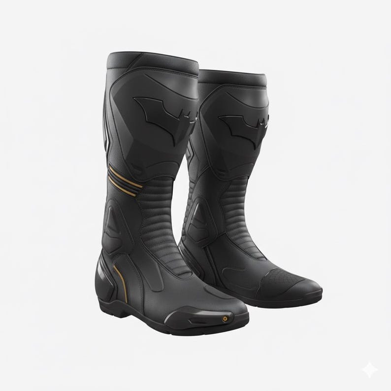 May include: Pair of black motorcycle boots featuring a Batman logo on the upper shaft. The boots have gold accent stripes and a textured design. The boots are knee-high and appear to be made of a durable material.