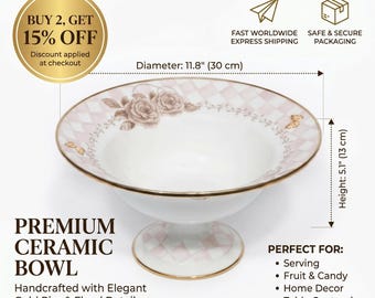Pink Pedestal Bowl, 30 cm Enamel Rose & Butterfly Motif, Gold Trim, Floral Centerpiece for Vintage Kitchen, Romantic Home Decor, Shabby Chic