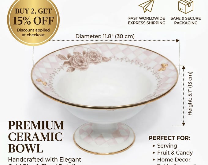 Pink Pedestal Bowl, 30 cm Enamel Rose & Butterfly Motif, Gold Trim, Floral Centerpiece for Vintage Kitchen, Romantic Home Decor, Shabby Chic