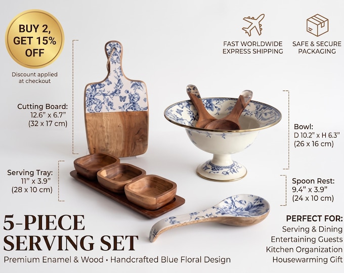 Floral Serving Set with Blue Enamel and Mango Wood, 9-Piece Collection | Salad, Cheese, Appetizer, Charcuterie Board, Rustic Serveware