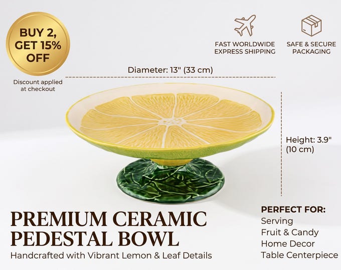 Ceramic Lemon Slice Cake Stand, Leaf Base, 33cm Fruit Serving Tray