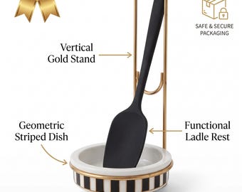 Vertical Spoon Rest Ceramic with Black and White Stripe Pattern, Gold Wire Stand | Modern Kitchen Decor & Utensil Holder