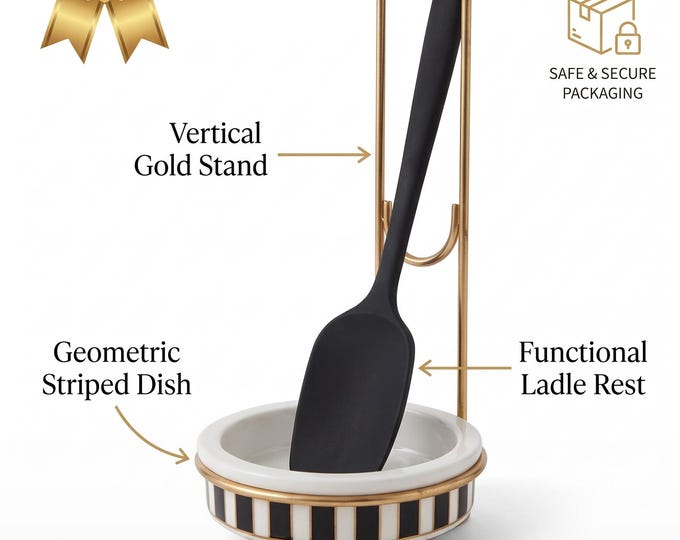 Vertical Spoon Rest Ceramic with Black and White Stripe Pattern, Gold Wire Stand | Modern Kitchen Decor & Utensil Holder